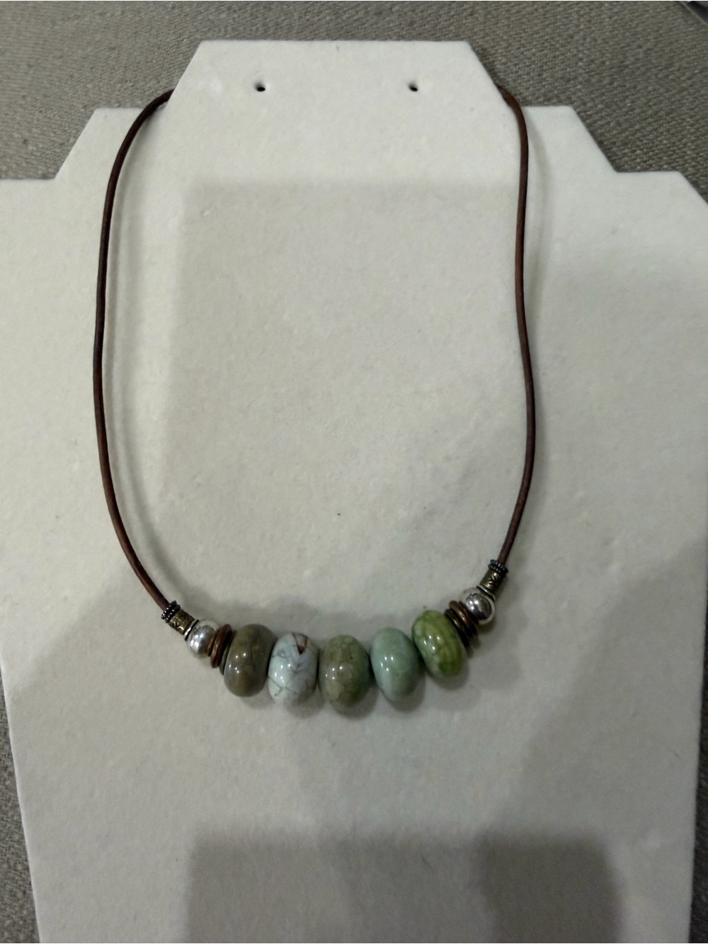 Beaded Green Stone Necklace on Brown Leather Cord